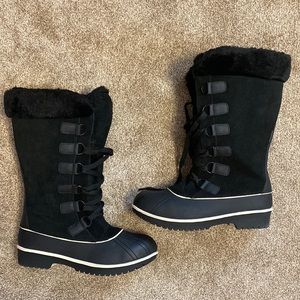 Black fur tall snow boots